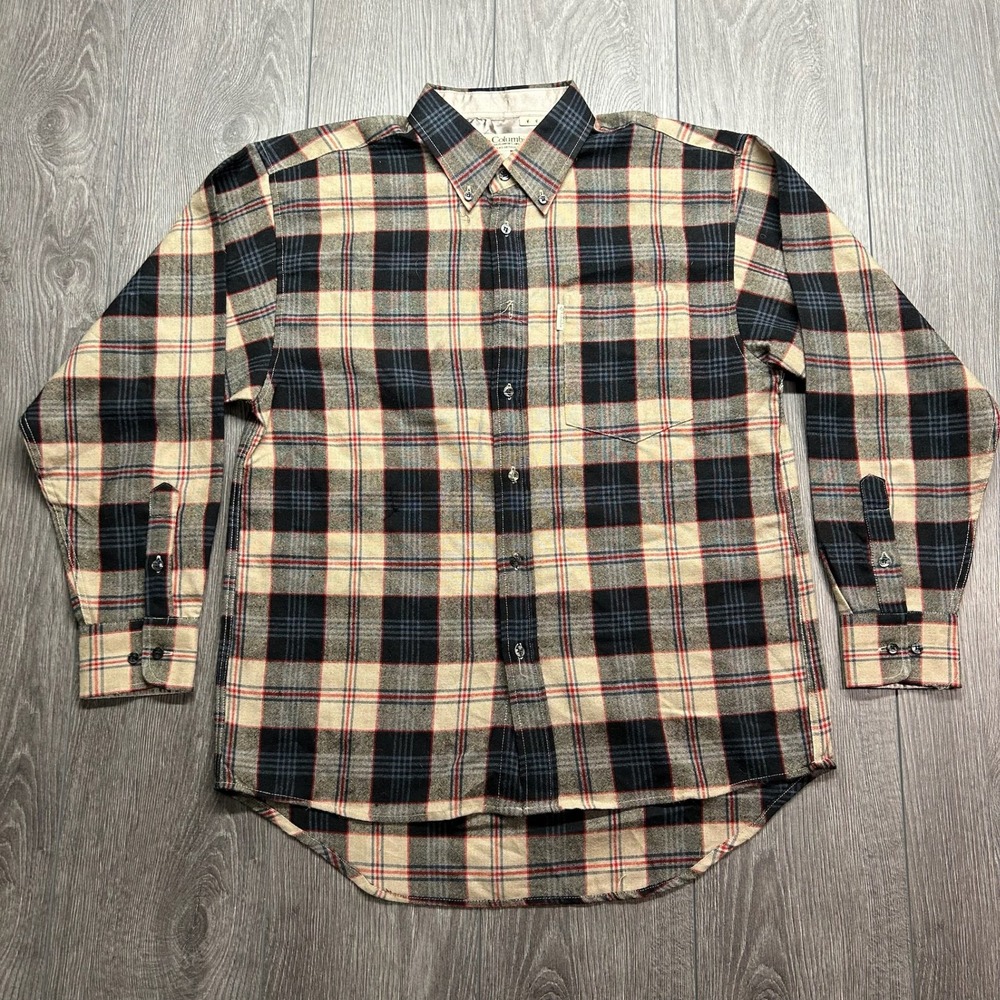 Vintage Columbia Sportswear Plaid Wool Blend Button Down Shirt Tan Black Mens